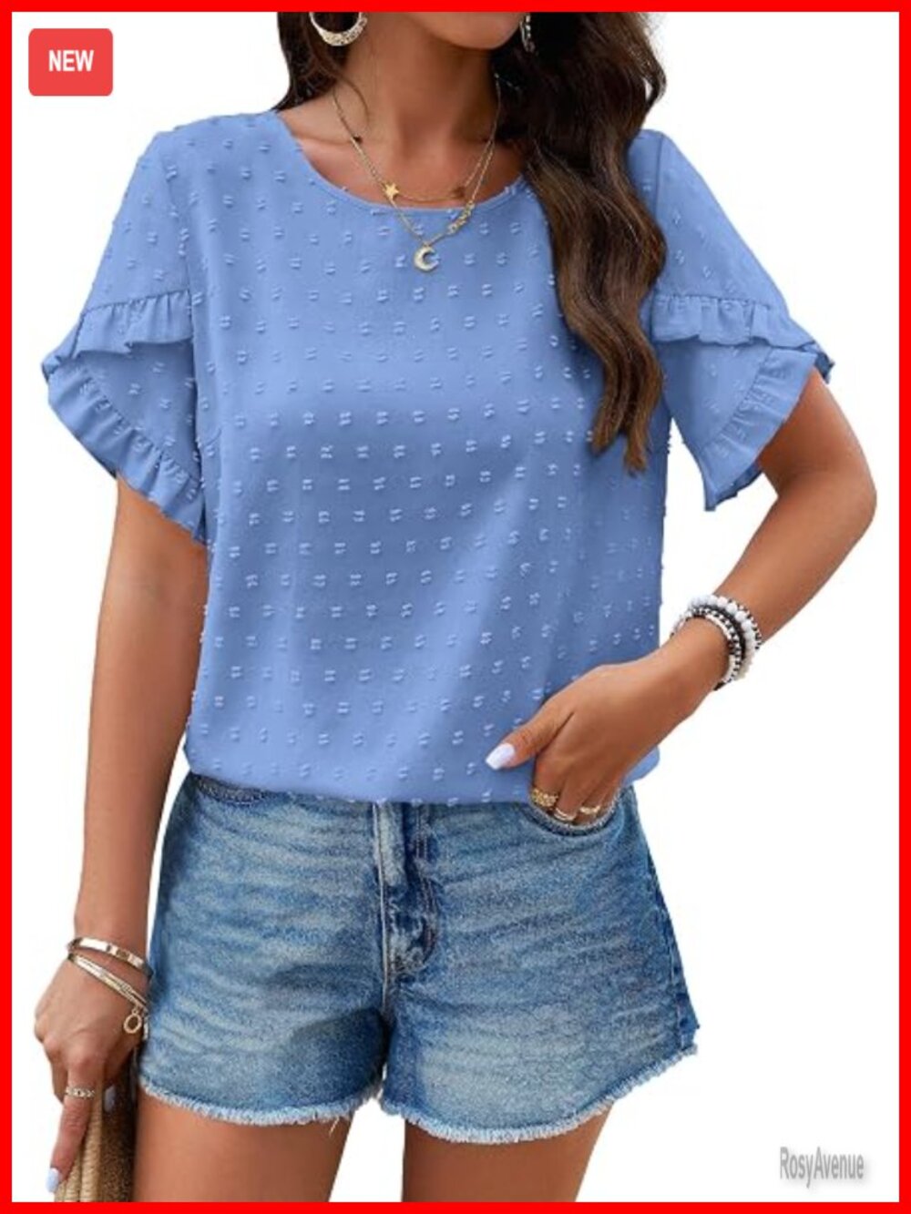 Swiss Dot Ruffle Short Sleeve Crewneck Blouse Loose Fit Tunic Work Shirt